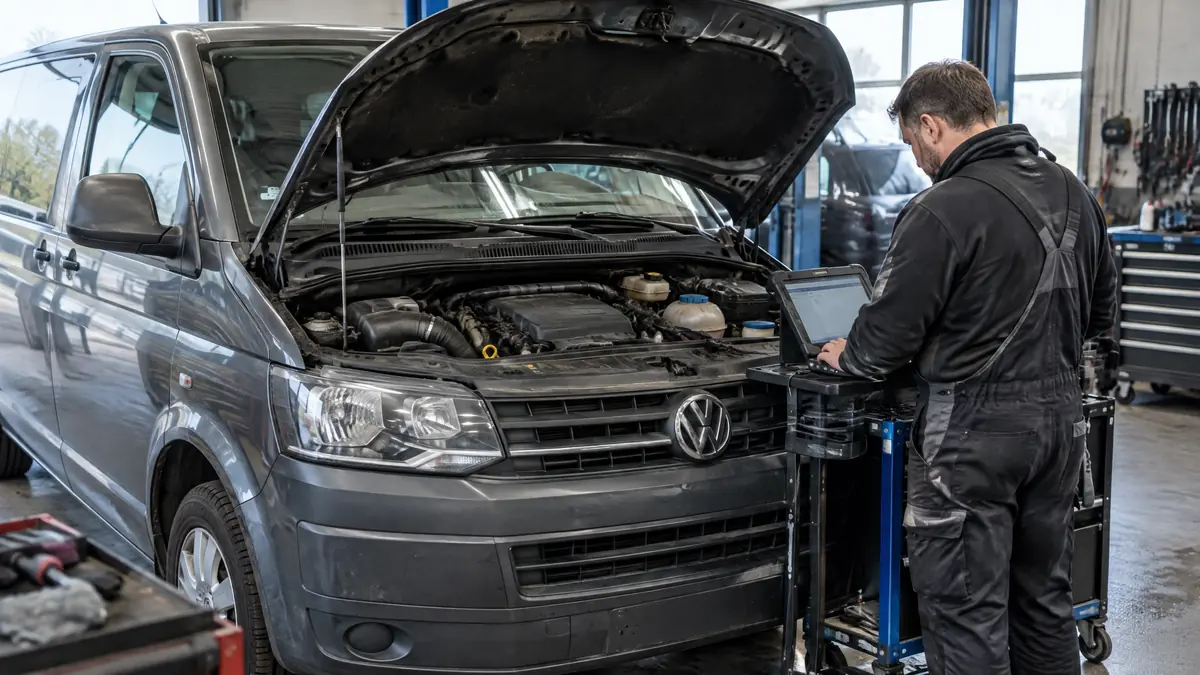 Geöffneter VW-T5-Dieselmotor mit sichtbarem Turbolader in einer Werkstatt