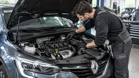 Mechaniker prüft einen Renault TCe-110-Motor in der Werkstatt
