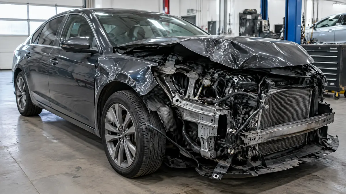 Beschädigtes Auto mit technischem Totalschaden bei der Begutachtung
