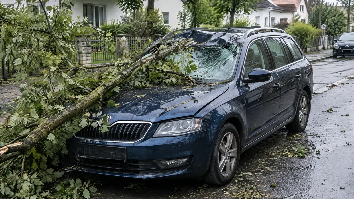 Beschädigtes Auto nach einem Teilkasko-Totalschaden bei der Schadenprüfung
