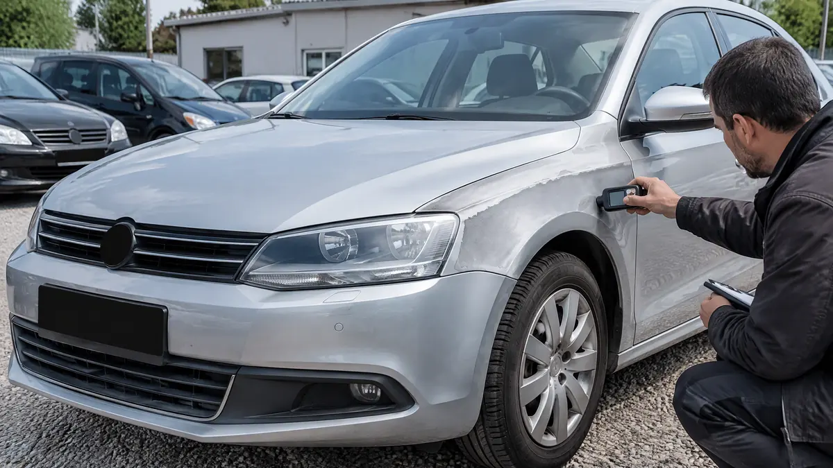 Beschädigtes Auto mit Totalschaden bei der Prüfung vor dem Kauf