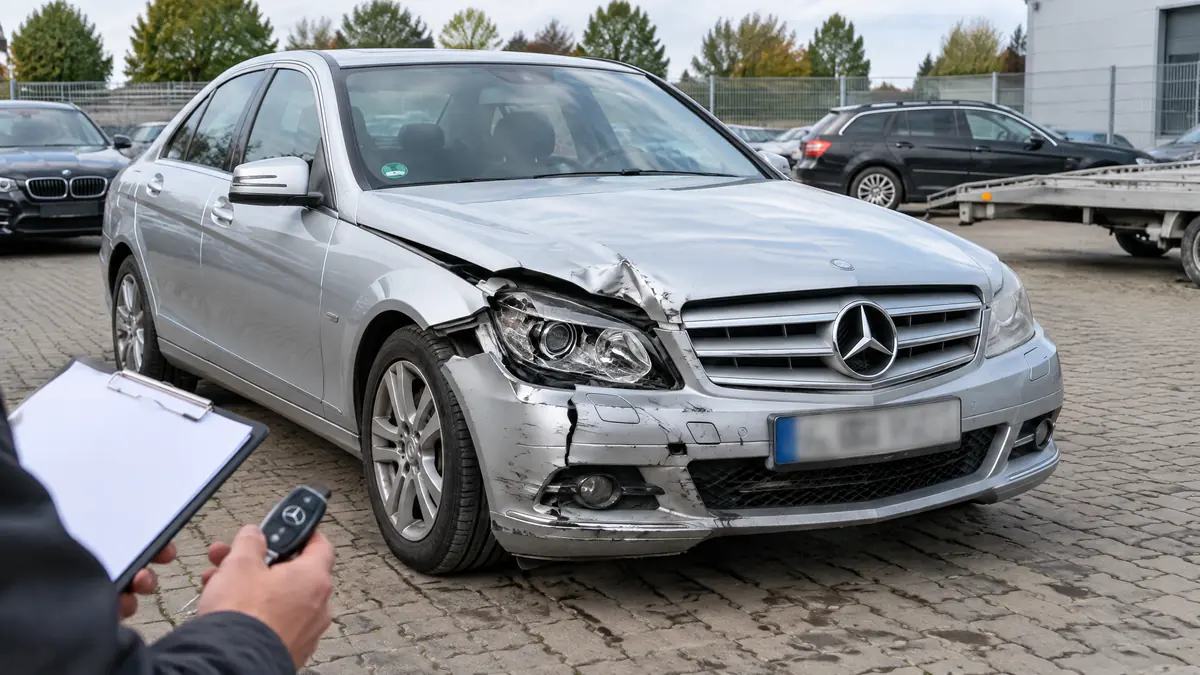 Beschädigtes Auto mit Gutachten zum wirtschaftlichen Totalschaden und Restwert