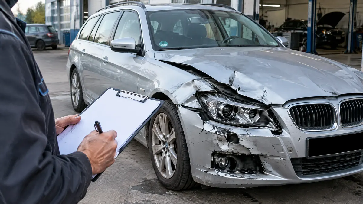 Beschädigtes Auto nach einem Unfall mit Gutachten zur Totalschadenabrechnung
