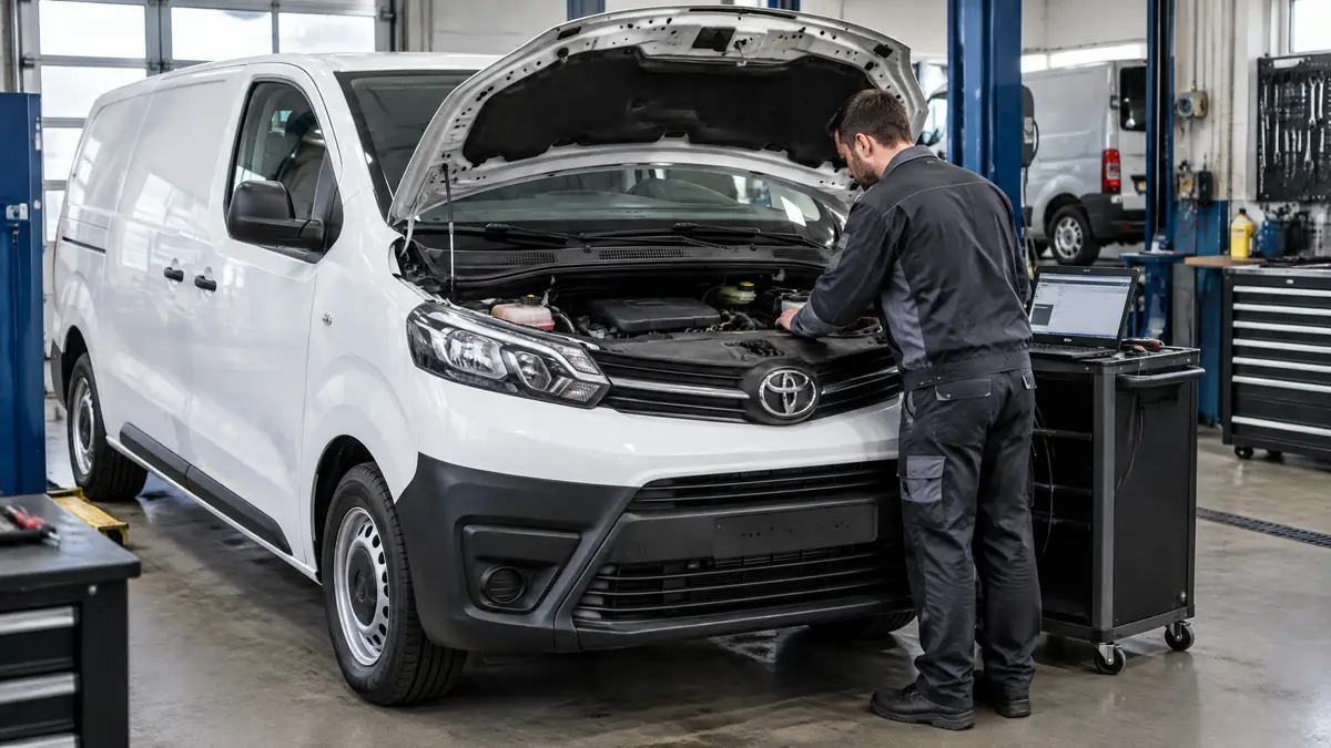 Toyota Proace mit geöffneter Motorhaube bei der Fehlersuche