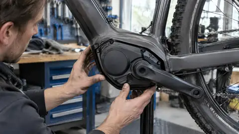 TQ E-Bike-Antrieb bei der Prüfung von Display, Akku und Steckverbindungen