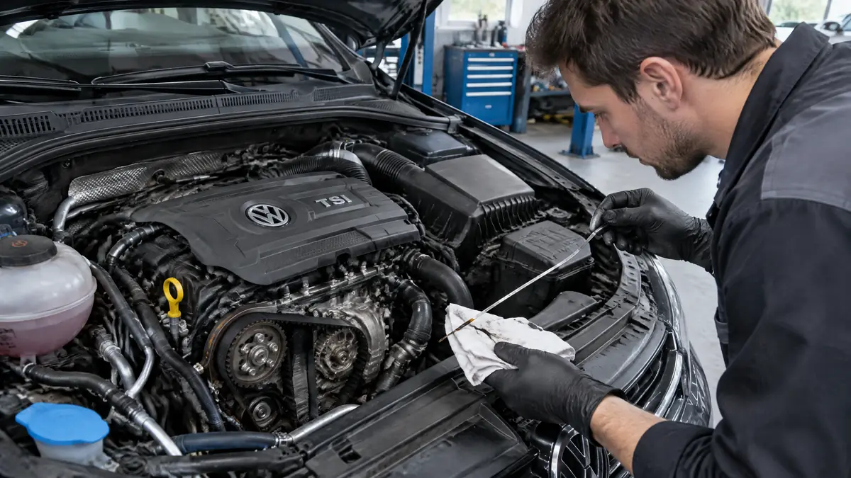 Mechaniker prüft einen Volkswagen TSI Motor im Motorraum