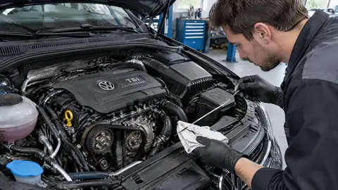 Mechaniker prüft einen Volkswagen TSI Motor im Motorraum