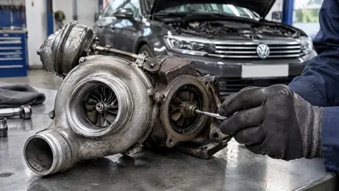 Mechaniker prüft einen ausgebauten Turbolader in der Werkstatt
