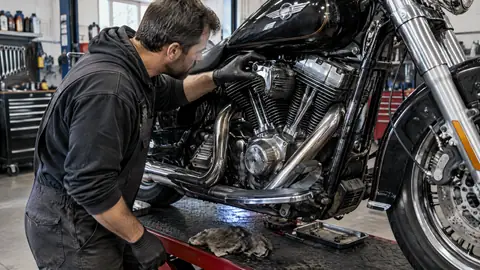 Geöffneter Harley-Davidson Twin Cam Motor mit sichtbarem Nockenwellenantrieb