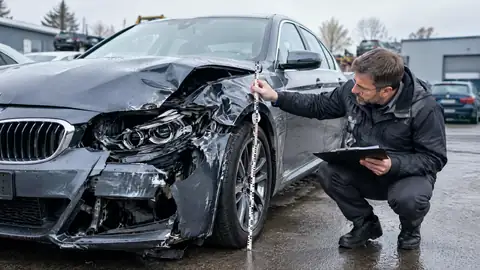 Gutachter prüft ein vollkaskoversichertes Fahrzeug mit wirtschaftlichem Totalschaden