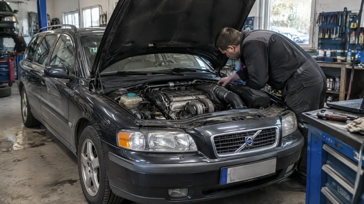 Volvo Fünfzylinder-Dieselmotor bei der Diagnose in einer Werkstatt