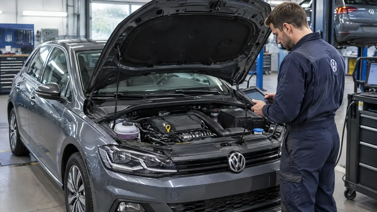 Mechaniker prüft einen VW-Dreizylinder-Benzinmotor in der Werkstatt
