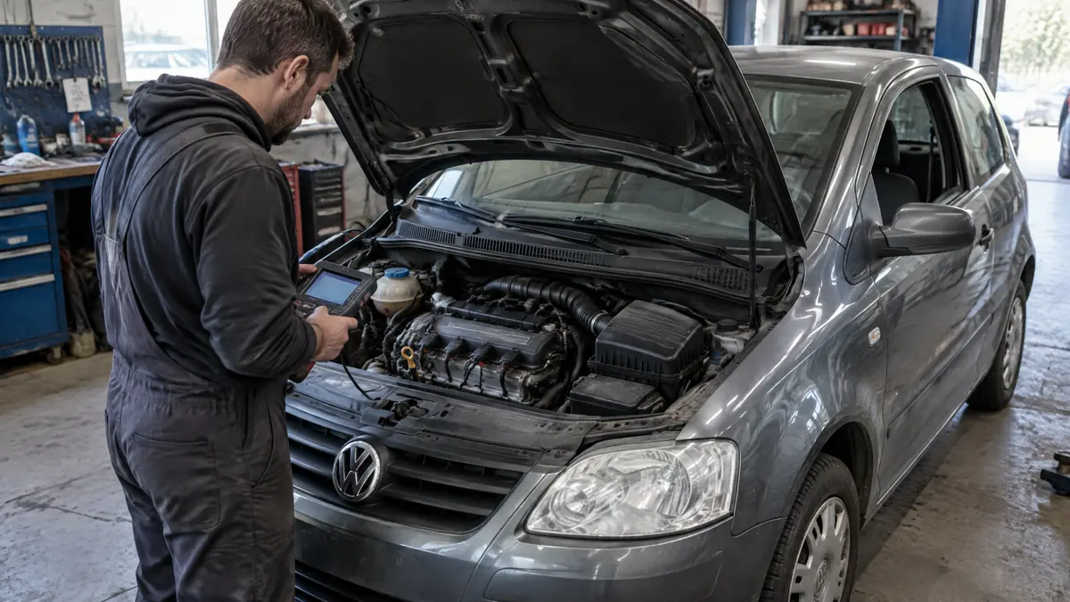 VW Fox mit 1.2-Liter-Dreizylindermotor bei der technischen Prüfung