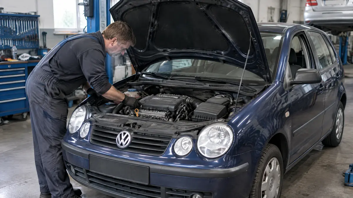 VW Polo 9N 1.2 mit geöffneter Motorhaube bei der Fehlersuche