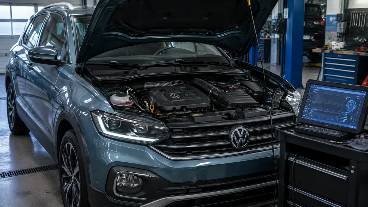 VW T-Cross mit 3-Zylinder-Benzinmotor auf einer Straße