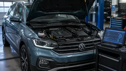 VW T-Cross mit 3-Zylinder-Benzinmotor auf einer Straße