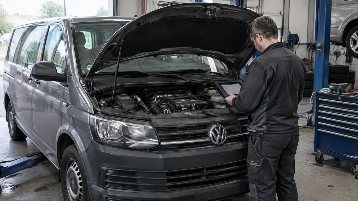 Motorraum eines VW T6 mit 110-PS-TDI-Dieselmotor in der Werkstatt