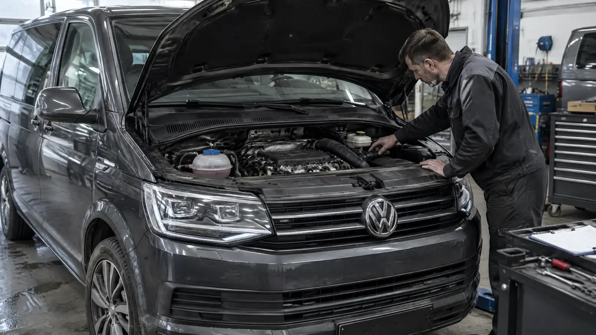 VW T6 mit 204-PS-BiTDI-Motor bei der Prüfung in einer Werkstatt