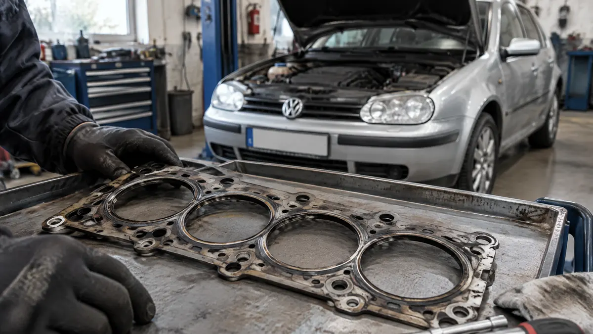 Ausgebaute Zylinderkopfdichtung vor einem Volkswagen mit geöffneter Motorhaube