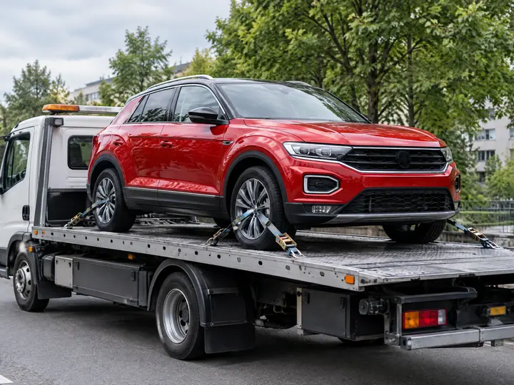 Rotes Fahrzeug bei der bundesweiten Abholung