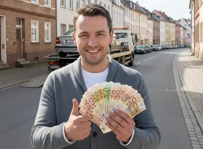 Zufriedener Kunde mit Bargeld nach Autoverkauf